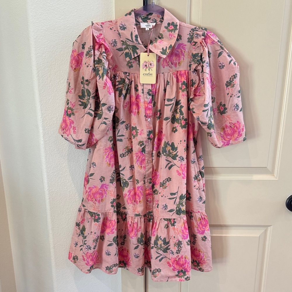 Entro Pink Floral Button-Front Tiered Puff-Sleeve Dress